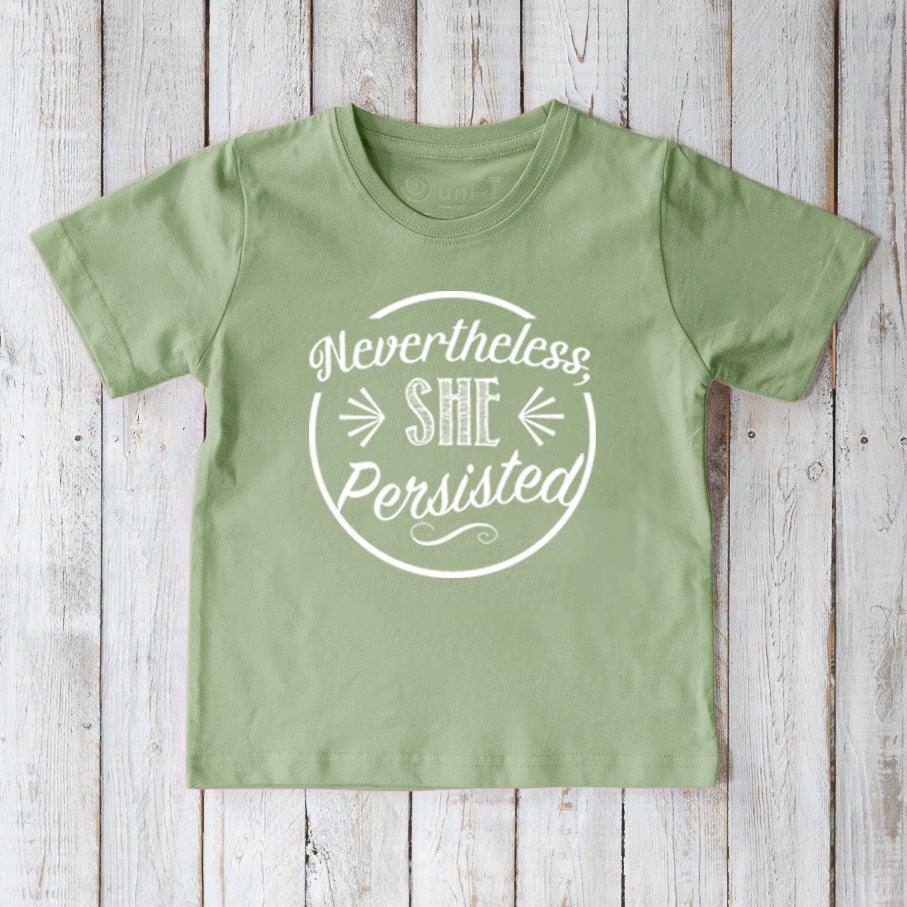 Light green organic cotton T-shirt for kids featuring white 'Nevertheless, She Persisted' graphic. Sustainable empowerment tee by Uni-T.
