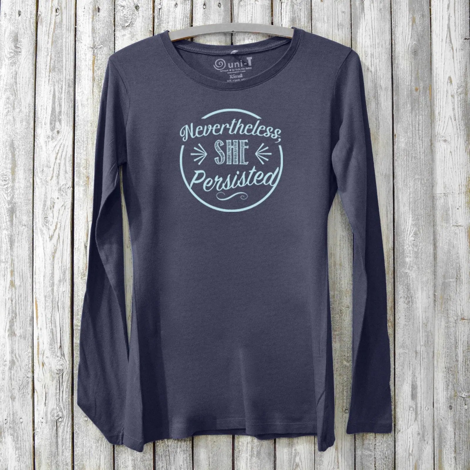 Navy bamboo and organic cotton women's long sleeve T-shirt featuring 'Nevertheless She Persisted' slogan. Cozy feminist statement top by Uni-T.