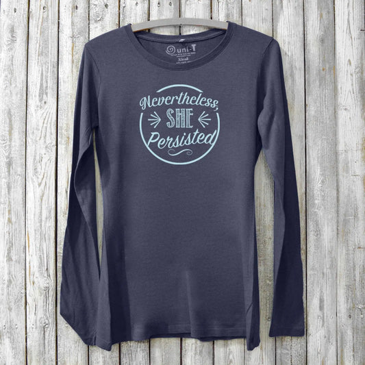 Navy bamboo and organic cotton women's long sleeve T-shirt featuring 'Nevertheless She Persisted' slogan. Cozy feminist statement top by Uni-T.