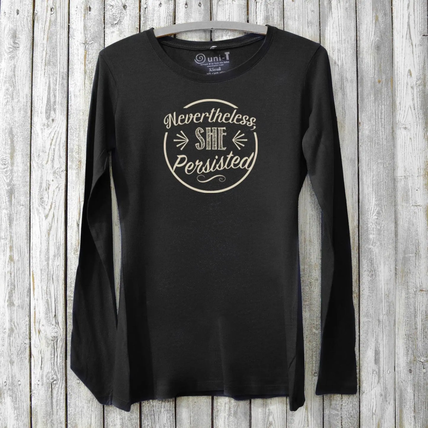Black long sleeve women's T-shirt in bamboo and organic cotton with bold 'Nevertheless She Persisted' message. Feminist strength apparel by Uni-T.