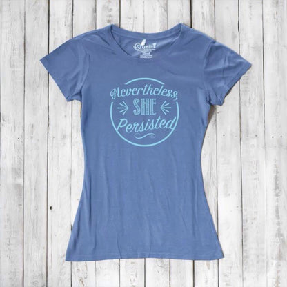 Periwinkle blue women's 'Nevertheless She Persisted' t-shirt with light blue text. Eco-conscious bamboo and organic cotton top by Uni-T.