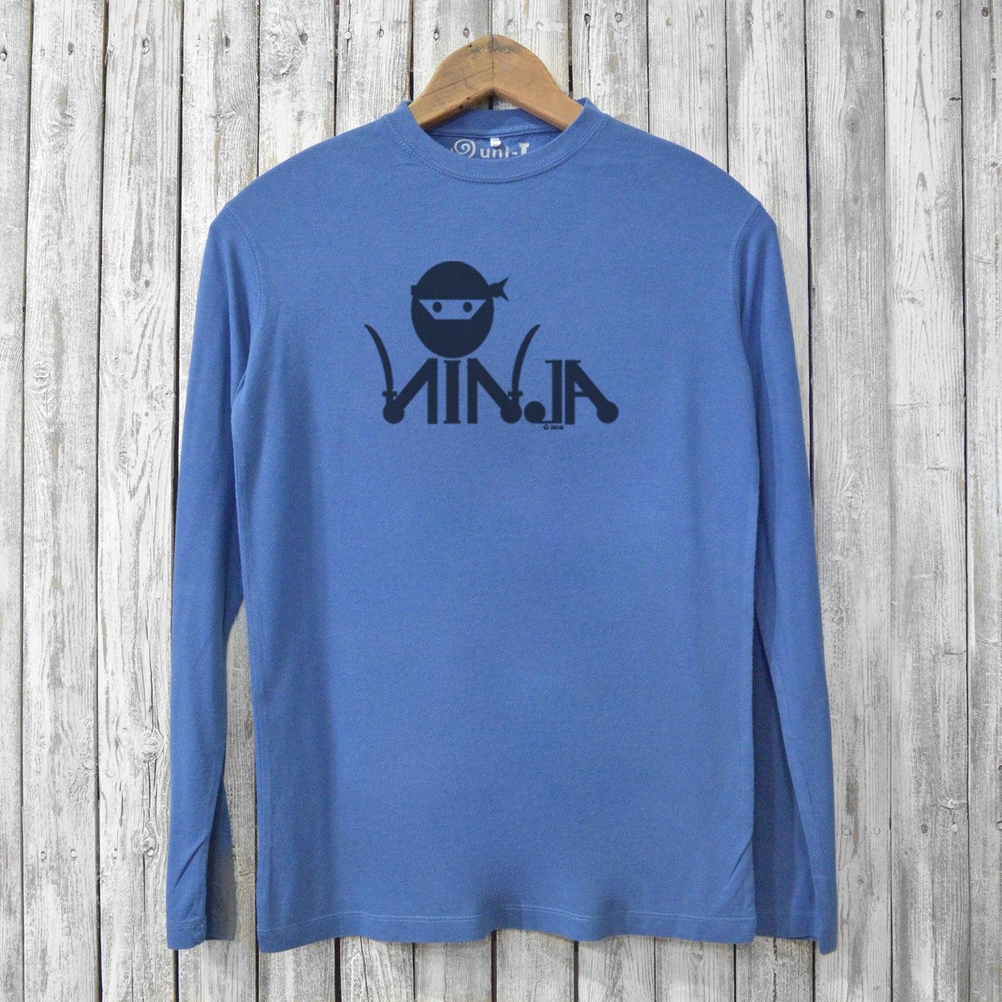 Blue Ninja Long Sleeve T-shirt for Men made from organic cotton and bamboo, featuring eco-friendly breathable fabric and ninja graphic design.