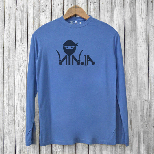 Blue Ninja Long Sleeve T-shirt for Men made from organic cotton and bamboo, featuring eco-friendly breathable fabric and ninja graphic design.