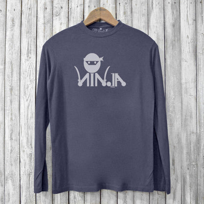 Dark gray Ninja Long Sleeve T-shirt for Men crafted from sustainable bamboo and organic cotton with a bold ninja print, ideal for eco-conscious wearers.
