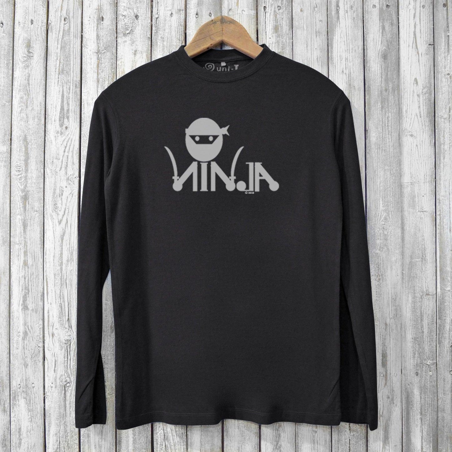 Black Ninja Long Sleeve T-shirt for Men in organic cotton and bamboo blend, showcasing a stylish ninja graphic for martial arts and fitness fans.