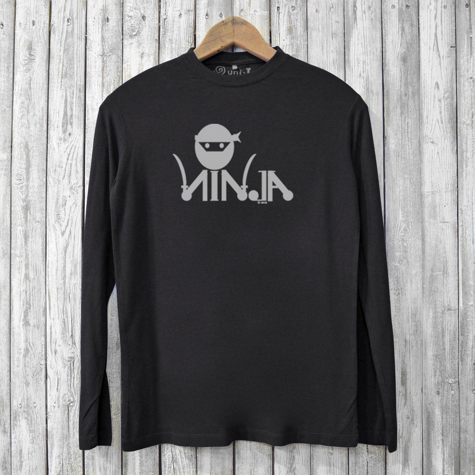 Black Ninja Long Sleeve T-shirt for Men in organic cotton and bamboo blend, showcasing a stylish ninja graphic for martial arts and fitness fans.