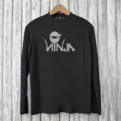 Black Ninja Long Sleeve T-shirt for Men in organic cotton and bamboo blend, showcasing a stylish ninja graphic for martial arts and fitness fans.