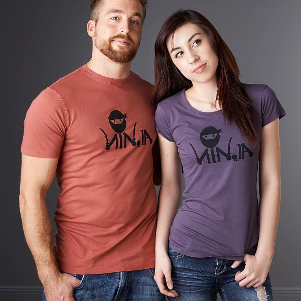 Couple wearing Women's Ninja T-Shirt in bamboo & organic cotton with humorous martial arts graphic, perfect gift for karate and MMA fans.