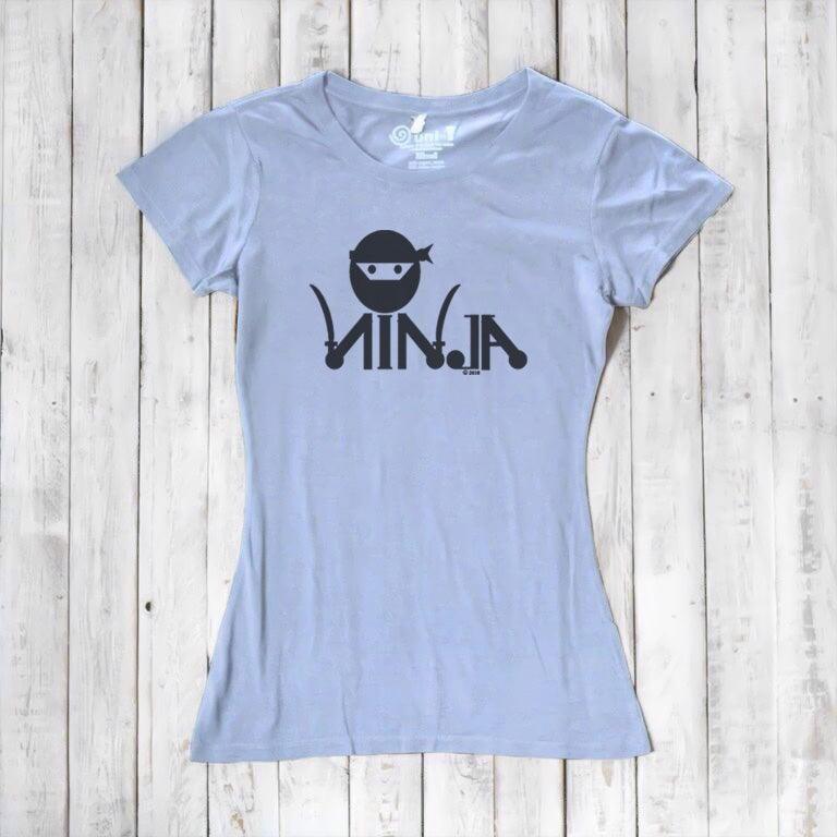 Light blue Women's Ninja T-Shirt made from bamboo & organic cotton, featuring funny 'Strike More' ninja graphic for martial arts lovers.