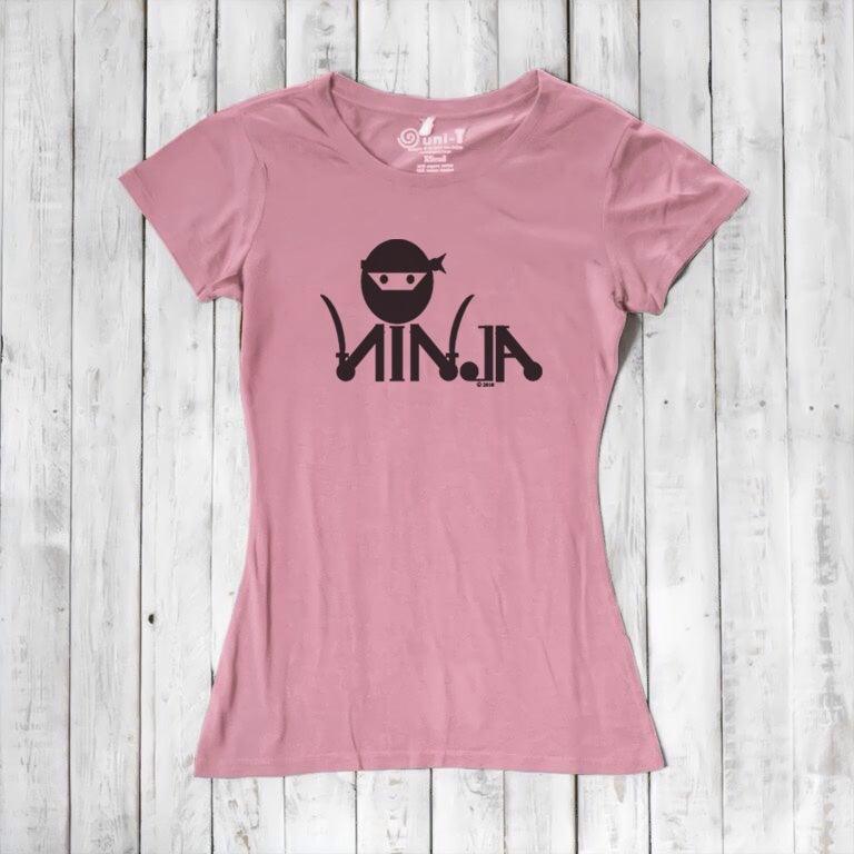 Pink Women's Ninja T-Shirt with black ninja design, eco-friendly bamboo & organic cotton blend, fun gift for karate lovers.