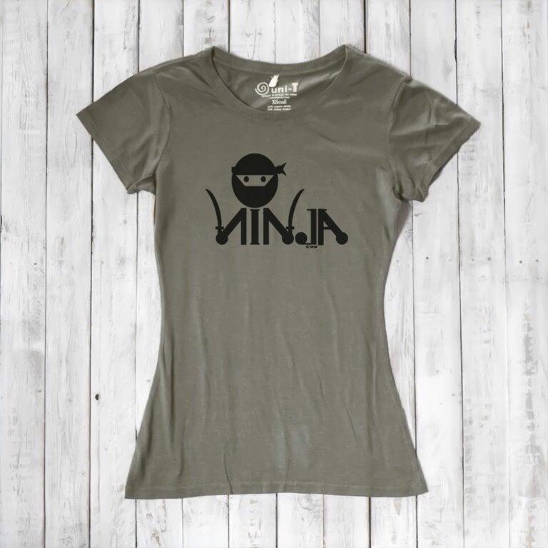 Olive green Women's Ninja T-Shirt in bamboo & organic cotton, featuring black ninja graphic, ideal for martial arts humor lovers.
