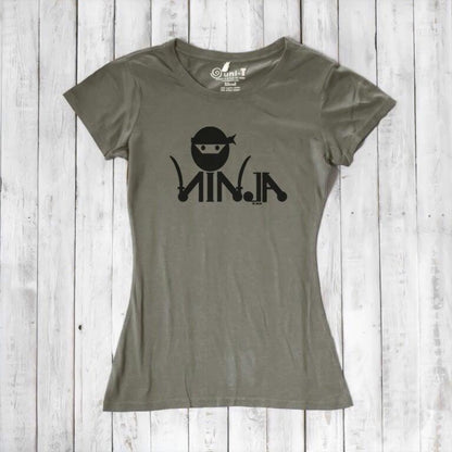 Olive green Women's Ninja T-Shirt in bamboo & organic cotton, featuring black ninja graphic, ideal for martial arts humor lovers.