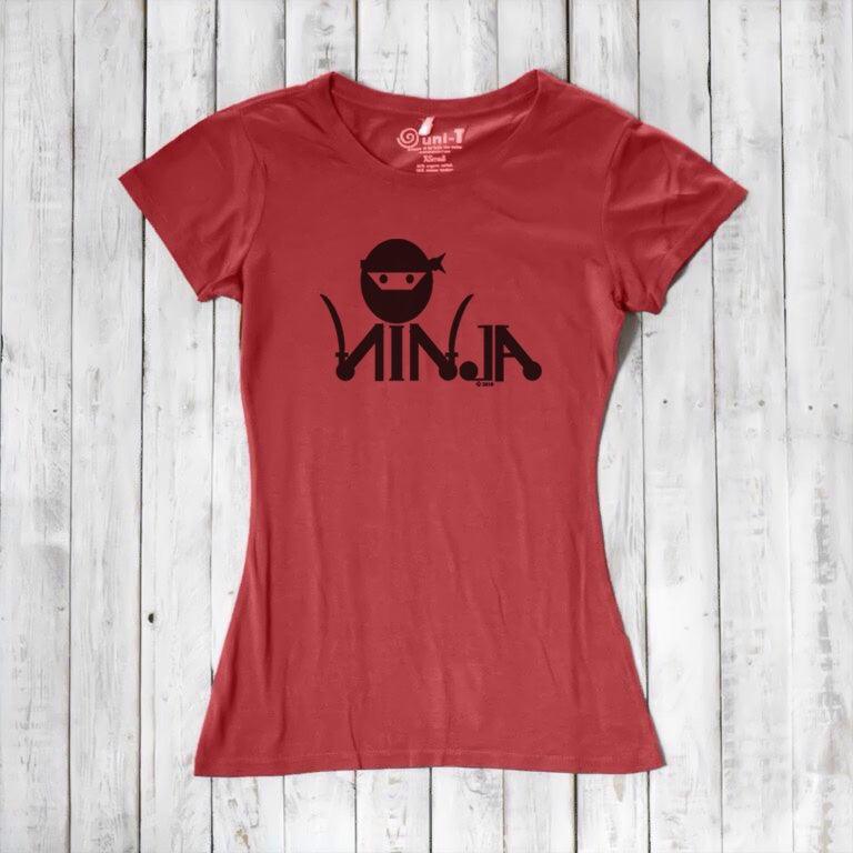 Red Women's Ninja T-Shirt with black ninja design, made from bamboo & organic cotton, perfect funny gift for MMA fans.