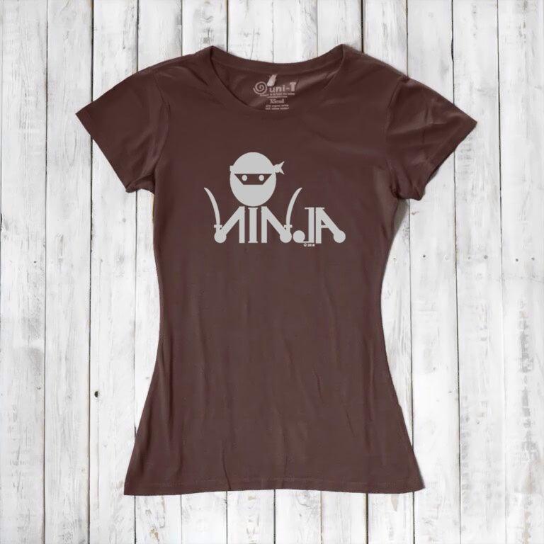 Brown Women's Ninja T-Shirt with white ninja graphic, eco-friendly bamboo & organic cotton blend for martial arts fans.