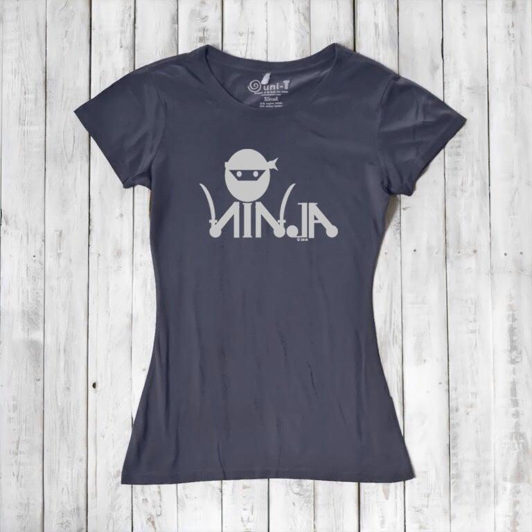 Charcoal Women's Ninja T-Shirt with white ninja print, crafted from bamboo & organic cotton for humorous martial arts style.