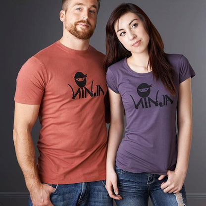 Couple wearing Uni-T Men's Ninja T-Shirts in bamboo & organic cotton with funny martial arts graphic, ideal gift for karate and MMA fans.