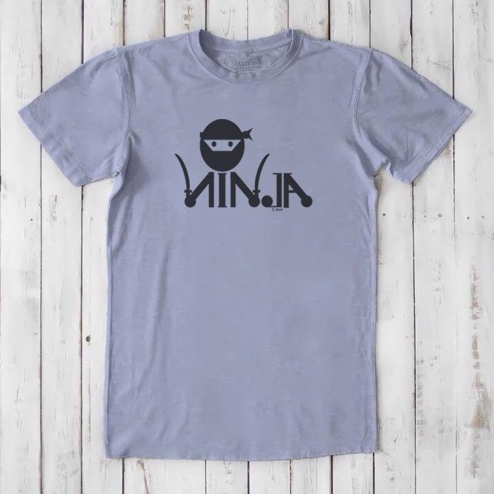 Light purple Men's Ninja T-Shirt in bamboo & organic cotton with black stealth ninja graphic, classic fit martial arts themed tee.