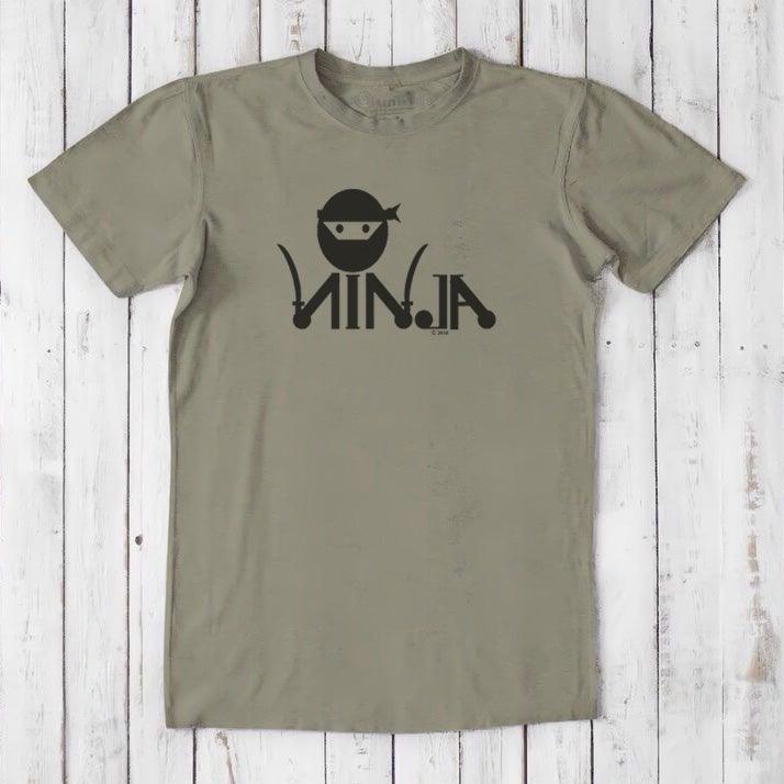 Olive green Men's Ninja T-Shirt made from bamboo & organic cotton, featuring bold black ninja graphic, perfect for martial arts lovers.