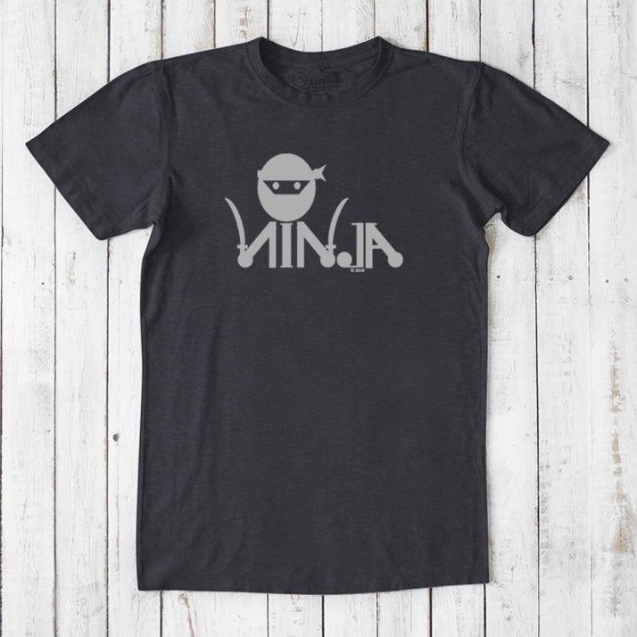 Charcoal black Men's Ninja T-Shirt in bamboo & organic cotton with light grey ninja graphic, funny and sustainable martial arts tee.