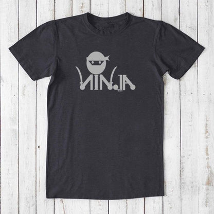 Charcoal black Men's Ninja T-Shirt in bamboo & organic cotton with light grey ninja graphic, funny and sustainable martial arts tee.
