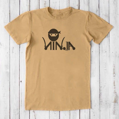Tan Men's Ninja T-Shirt crafted from bamboo & organic cotton, showcasing black ninja graphic with 'Stealth Mode' text in classic fit.