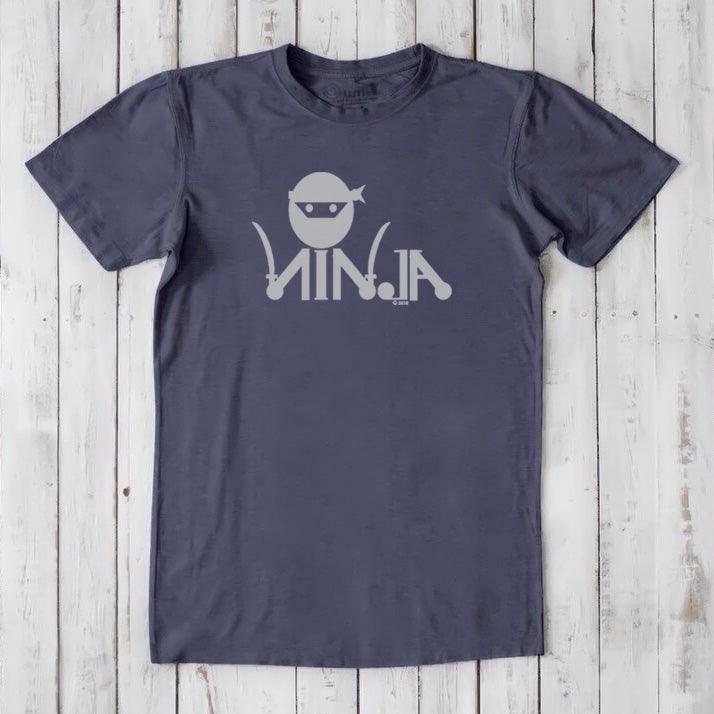 Slate blue Men's Ninja T-Shirt in bamboo & organic cotton with light ninja graphic, eco-friendly gift for karate and MMA fans.