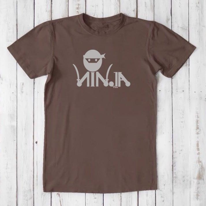 Brown Men's Ninja T-Shirt made of bamboo & organic cotton, featuring light grey ninja graphic, humorous martial arts themed tee.