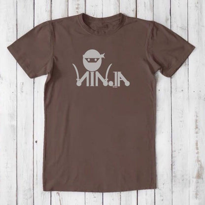 Brown Men's Ninja T-Shirt made of bamboo & organic cotton, featuring light grey ninja graphic, humorous martial arts themed tee.
