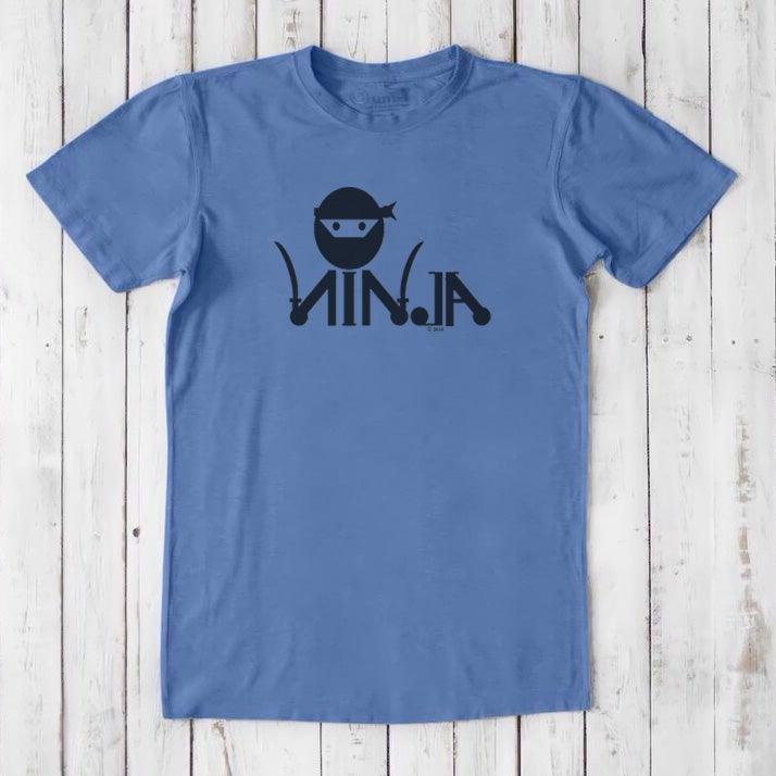 Sky blue Men's Ninja T-Shirt in bamboo & organic cotton with black ninja graphic, sustainable classic fit tee for martial arts fans.