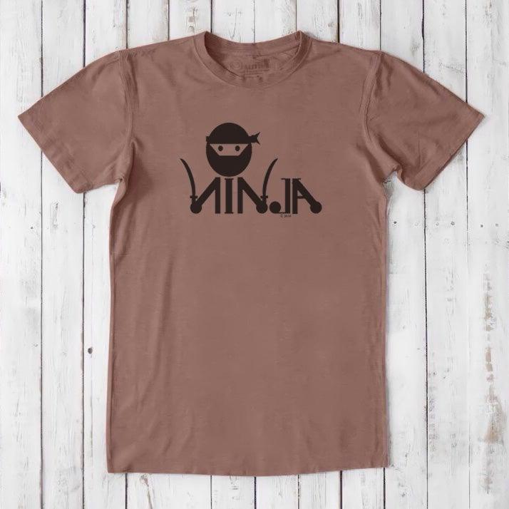 Rust brown Men's Ninja T-Shirt in bamboo & organic cotton with black ninja graphic, funny and eco-conscious gift for MMA lovers.