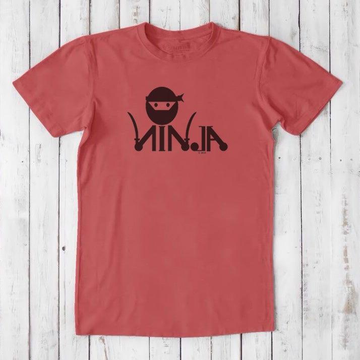 Red Men's Ninja T-Shirt in bamboo & organic cotton with dark ninja graphic, classic fit tee for martial arts and karate enthusiasts.