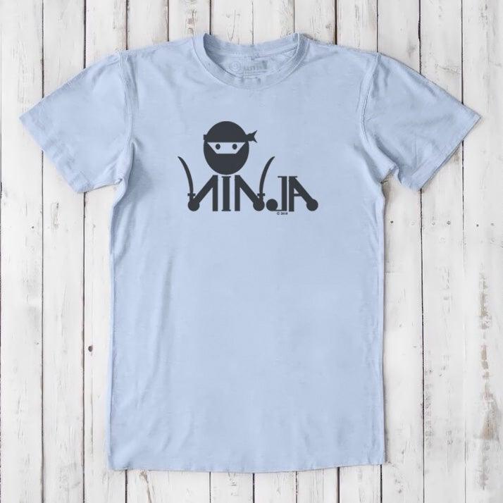 Light blue Men's Ninja T-Shirt in bamboo & organic cotton with dark ninja graphic, soft and sustainable martial arts themed tee.