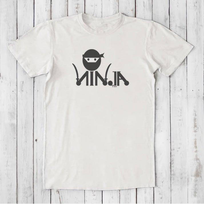 White Men's Ninja T-Shirt in bamboo & organic cotton with black ninja graphic, eco-friendly and funny gift for martial arts fans.