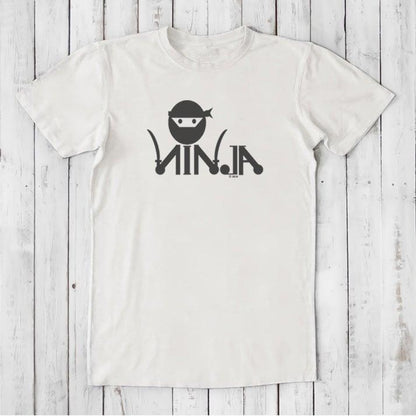 White Men's Ninja T-Shirt in bamboo & organic cotton with black ninja graphic, eco-friendly and funny gift for martial arts fans.