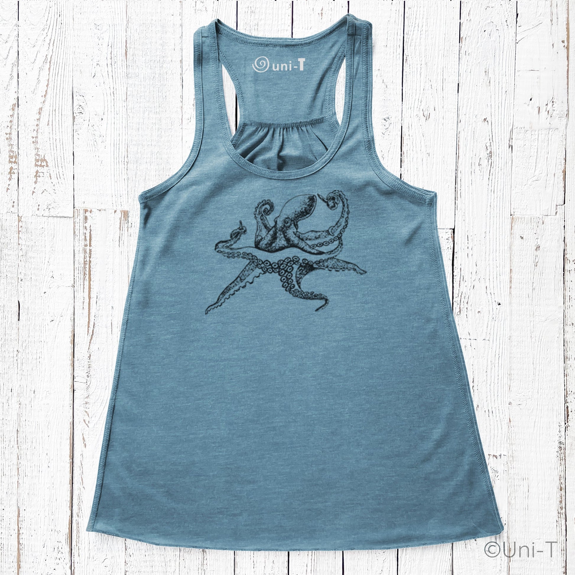 Blue Octopus Tank Top for Women featuring eco-friendly soft poly-viscose fabric and ocean-inspired design. Ideal for marine life lovers.