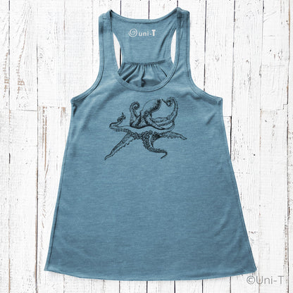 Blue Octopus Tank Top for Women featuring eco-friendly soft poly-viscose fabric and ocean-inspired design. Ideal for marine life lovers.