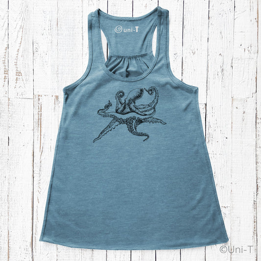 Blue Octopus Tank Top for Women featuring eco-friendly soft poly-viscose fabric and ocean-inspired design. Ideal for marine life lovers.