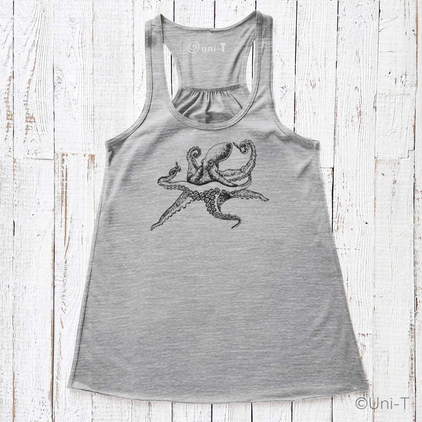 Gray Octopus Tank Top for Women with black ink sea creature print. Lightweight, eco-conscious apparel for ocean enthusiasts.