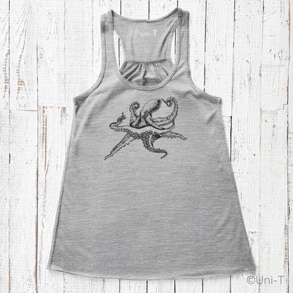 Gray Octopus Tank Top for Women with black ink sea creature print. Lightweight, eco-conscious apparel for ocean enthusiasts.