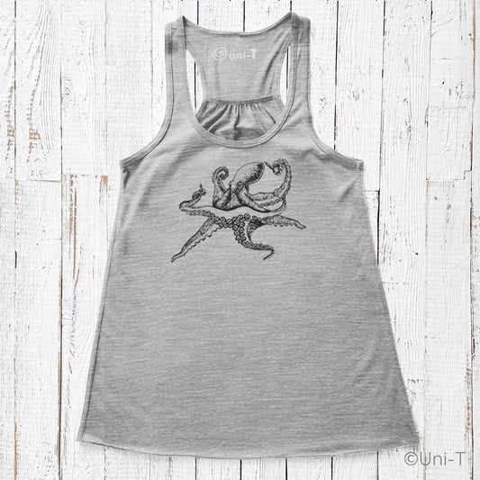 Gray Octopus Tank Top for Women with black ink sea creature print. Lightweight, eco-conscious apparel for ocean enthusiasts.