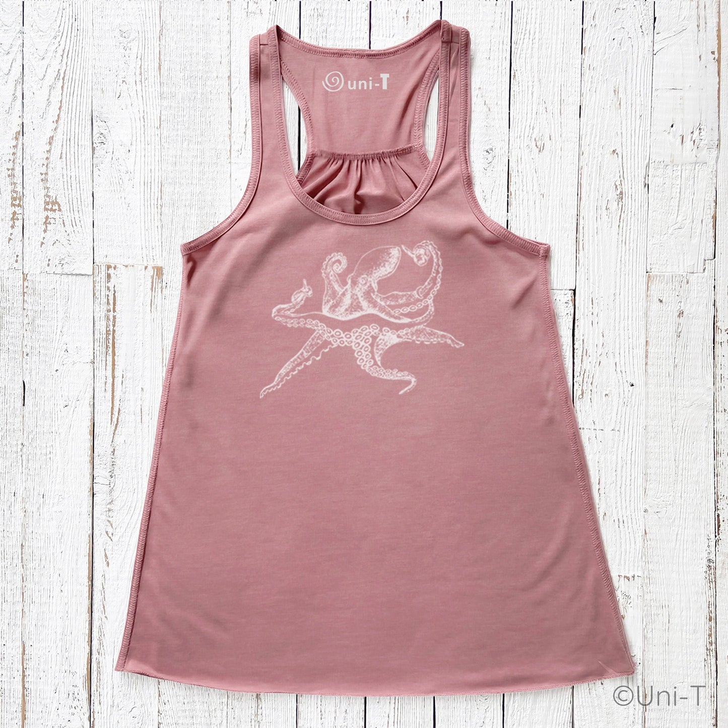 Rose pink Octopus Tank Top for Women with subtle marine life print. Soft, flowy fit perfect for casual eco-friendly fashion.