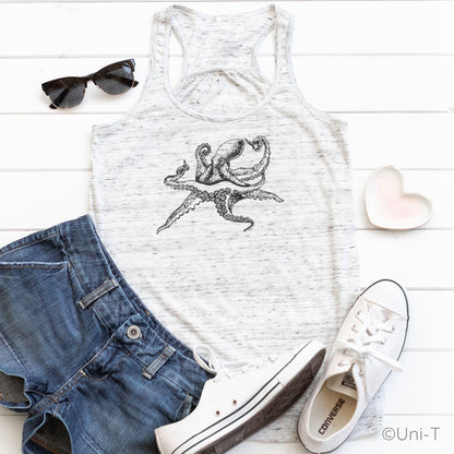 White speckled Octopus Tank Top for Women styled with denim shorts and sneakers. Ocean-inspired casual wear for adaptable spirits.