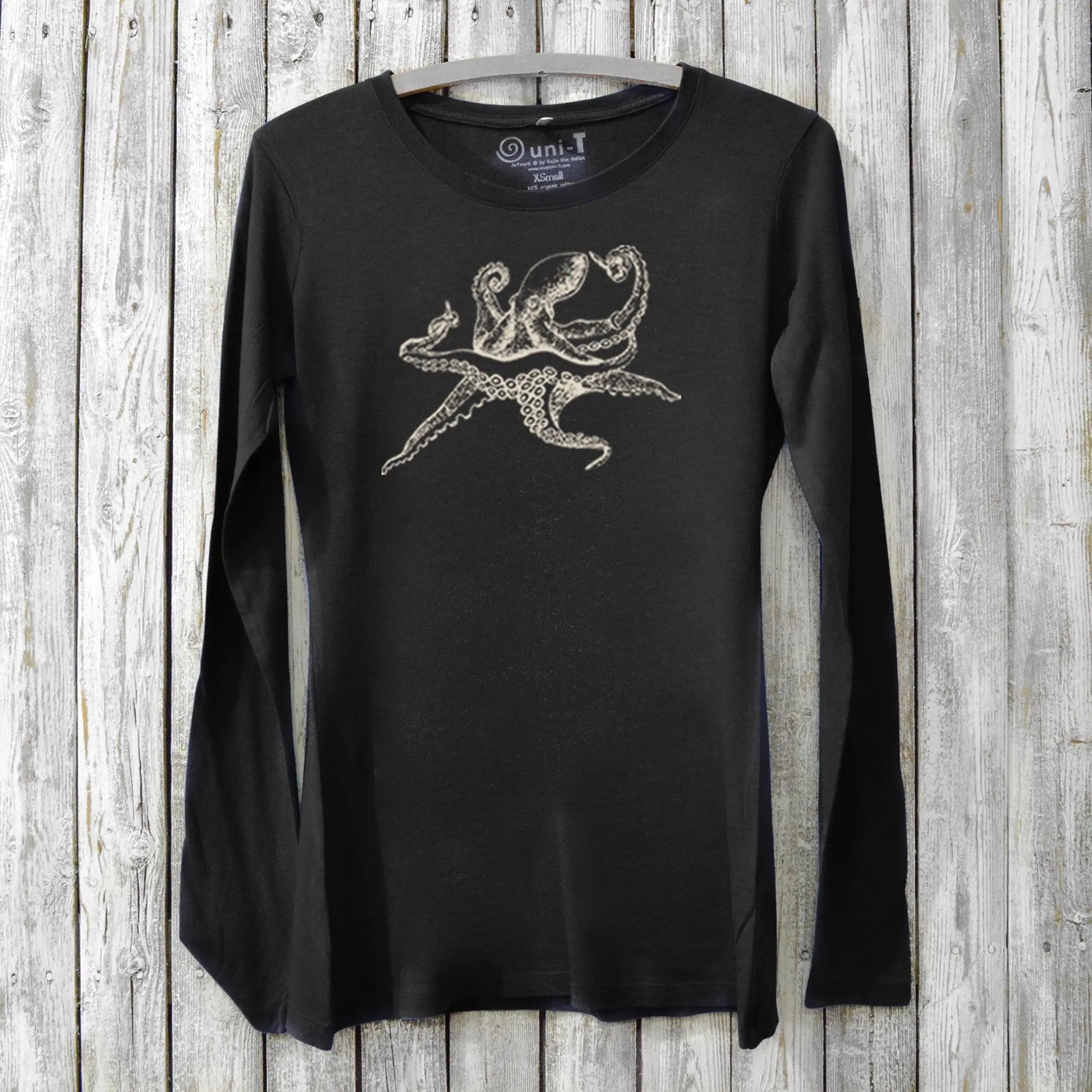 Women's Octopus Long Sleeve T-Shirt in black bamboo and organic cotton with ivory sea life graphic, eco-friendly ocean-themed apparel.