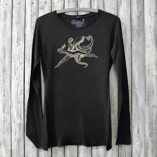 Women's Octopus Long Sleeve T-Shirt in black bamboo and organic cotton with ivory sea life graphic, eco-friendly ocean-themed apparel.