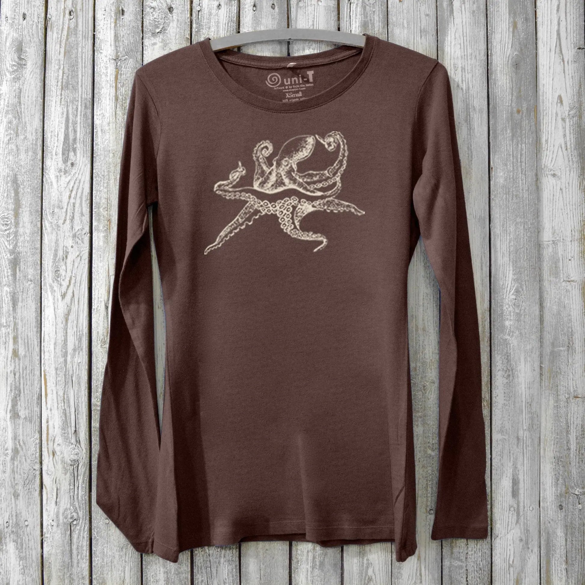 Dark brown Women's Octopus Long Sleeve T-Shirt made from bamboo and organic cotton, featuring marine-inspired ivory octopus print.