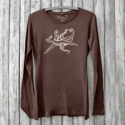 Dark brown Women's Octopus Long Sleeve T-Shirt made from bamboo and organic cotton, featuring marine-inspired ivory octopus print.