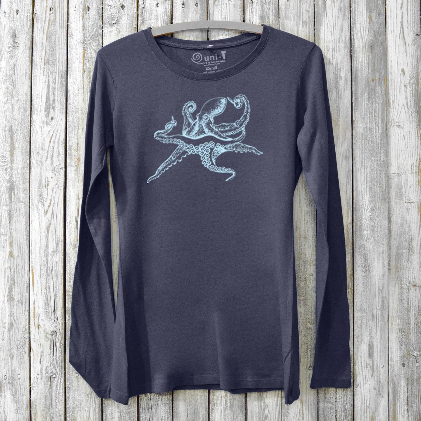 Navy blue Women's Octopus Long Sleeve T-Shirt in bamboo and organic cotton with light blue ocean creature graphic, sustainable sea life gift.