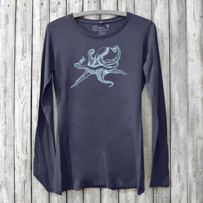 Navy blue Women's Octopus Long Sleeve T-Shirt in bamboo and organic cotton with light blue ocean creature graphic, sustainable sea life gift.