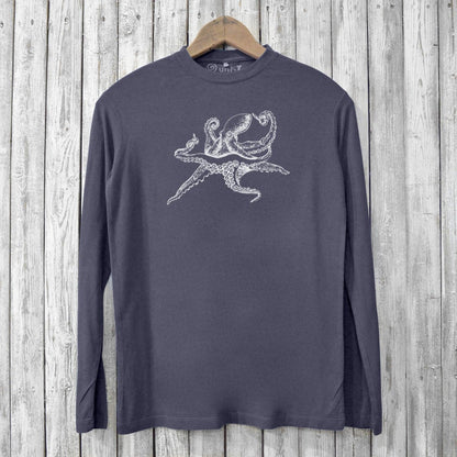 Men’s bamboo and organic cotton long sleeve T-shirt in charcoal gray with white octopus graphic. Eco-friendly Octopus Long Sleeve T-shirts for men.