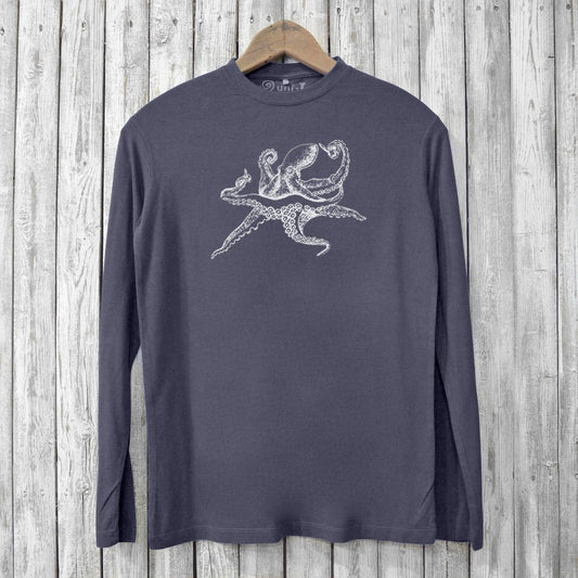 Men’s bamboo and organic cotton long sleeve T-shirt in charcoal gray with white octopus graphic. Eco-friendly Octopus Long Sleeve T-shirts for men.
